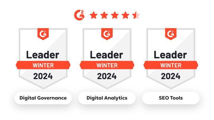 Three award badges, each shaped like a shield with the "G2" logo at the top, five stars beneath the logo, and a red banner across the middle stating "Leader Winter 2024". The badges are labeled as follows: "Digital Governance", "Digital Analytics", and "SEO Tools".