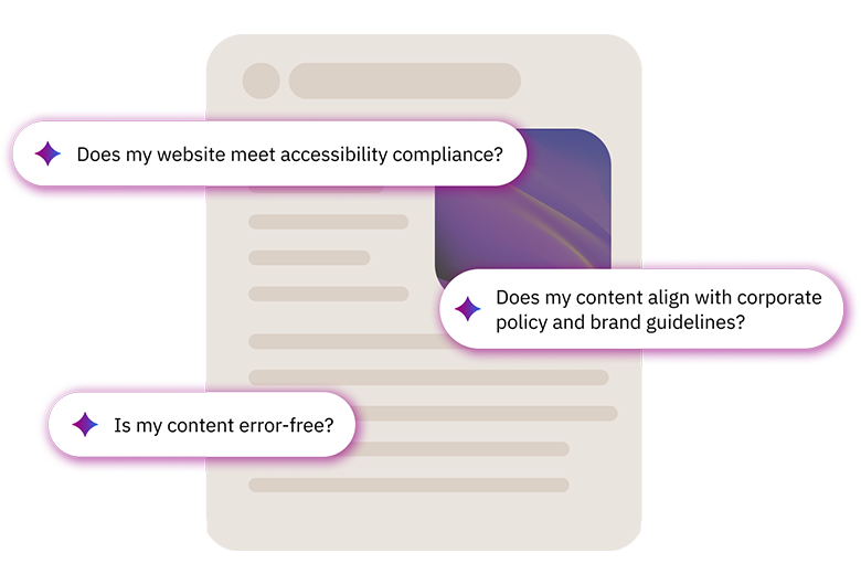 Siteimprove interface showing accessibility, content quality, and brand compliance checks for website content.