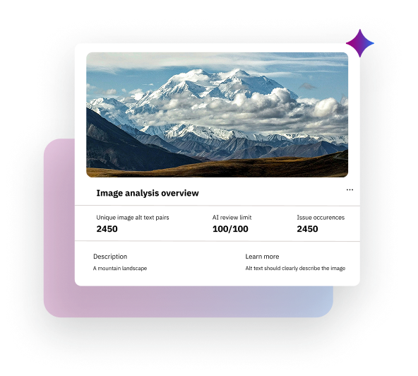 Image analysis dashboard displaying a mountain landscape example and metrics for alt‑text quality.