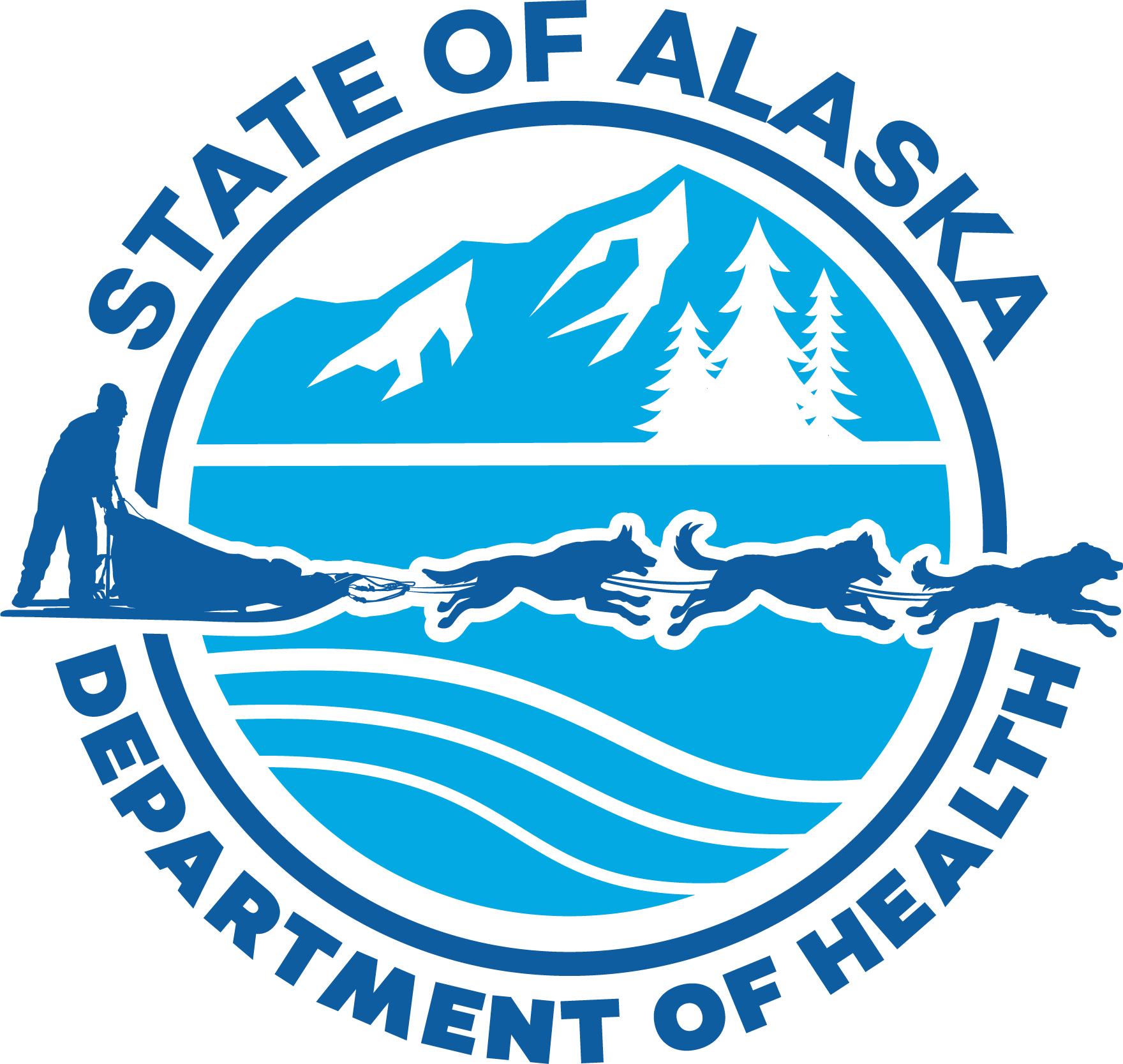 State of Alaska Department of Health - Logo in wilderness with mountains and trees pictured. In the foreground is a team of three sled dogs pulling a dog sledder also known as a musher on a sled.
