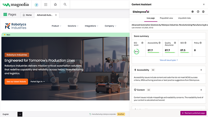 Siteimprove Content Assistant score summary showing DCI, accessibility, quality assurance, SEO, and policy scores.