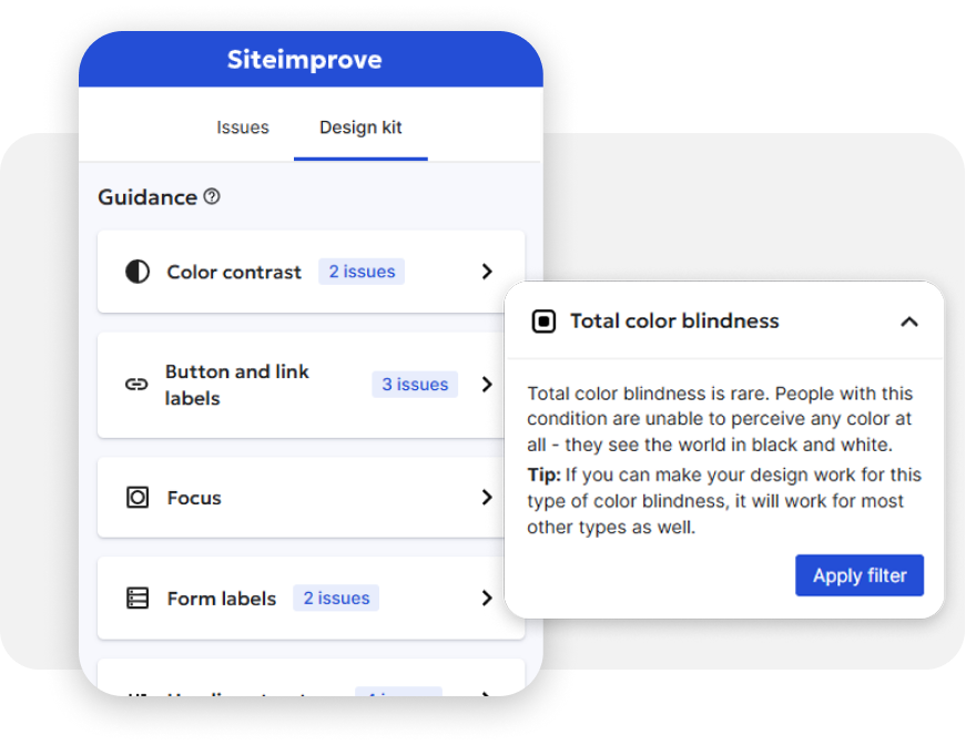 Screenshot of the Siteimprove Design Kit interface showing accessibility guidance categories like color contrast, button and link labels, focus, and form labels. A tooltip explains total color blindness and offers a design tip.