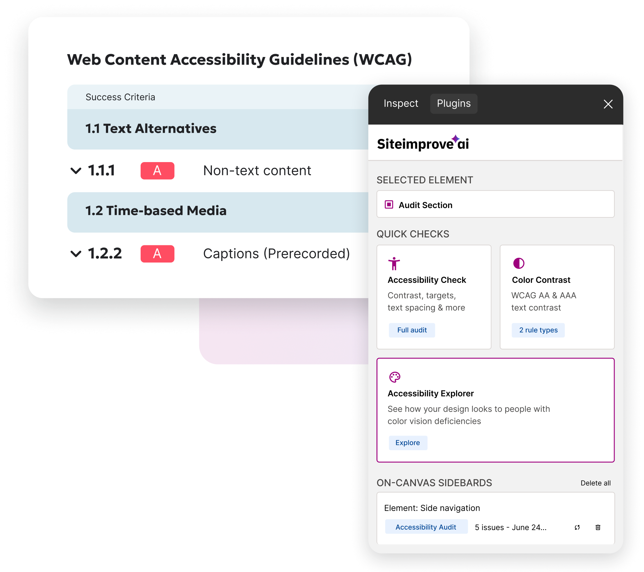 Siteimprove AI Figma plugin for auditing designs against WCAG accessibility guidelines and compliance requirements.