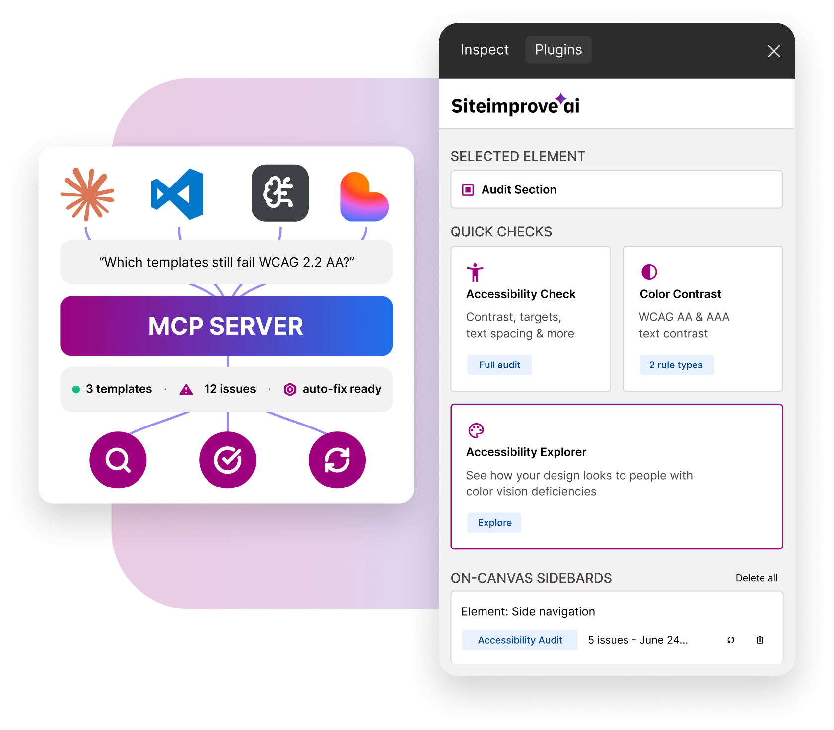Siteimprove AI Figma plugin and MCP server for auditing, identifying, and fixing WCAG 2.2 accessibility issues.