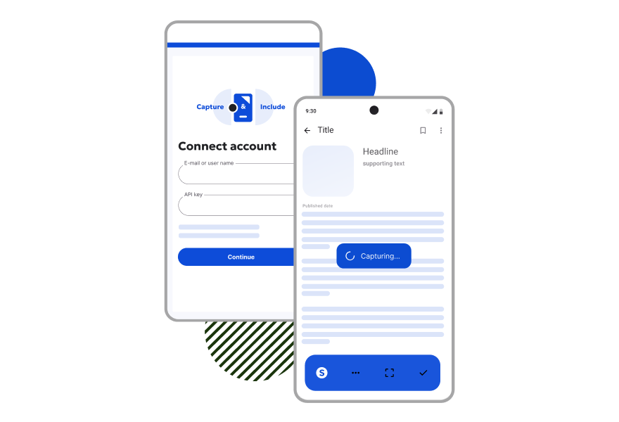 Two Android phone screens showing a mobile app interface for account connection and content capture, representing mobile accessibility testing in progress.