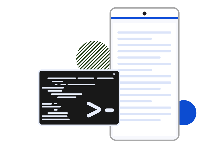 Illustration of a mobile screen alongside a command line interface, representing automated mobile accessibility testing using a CLI tool.
