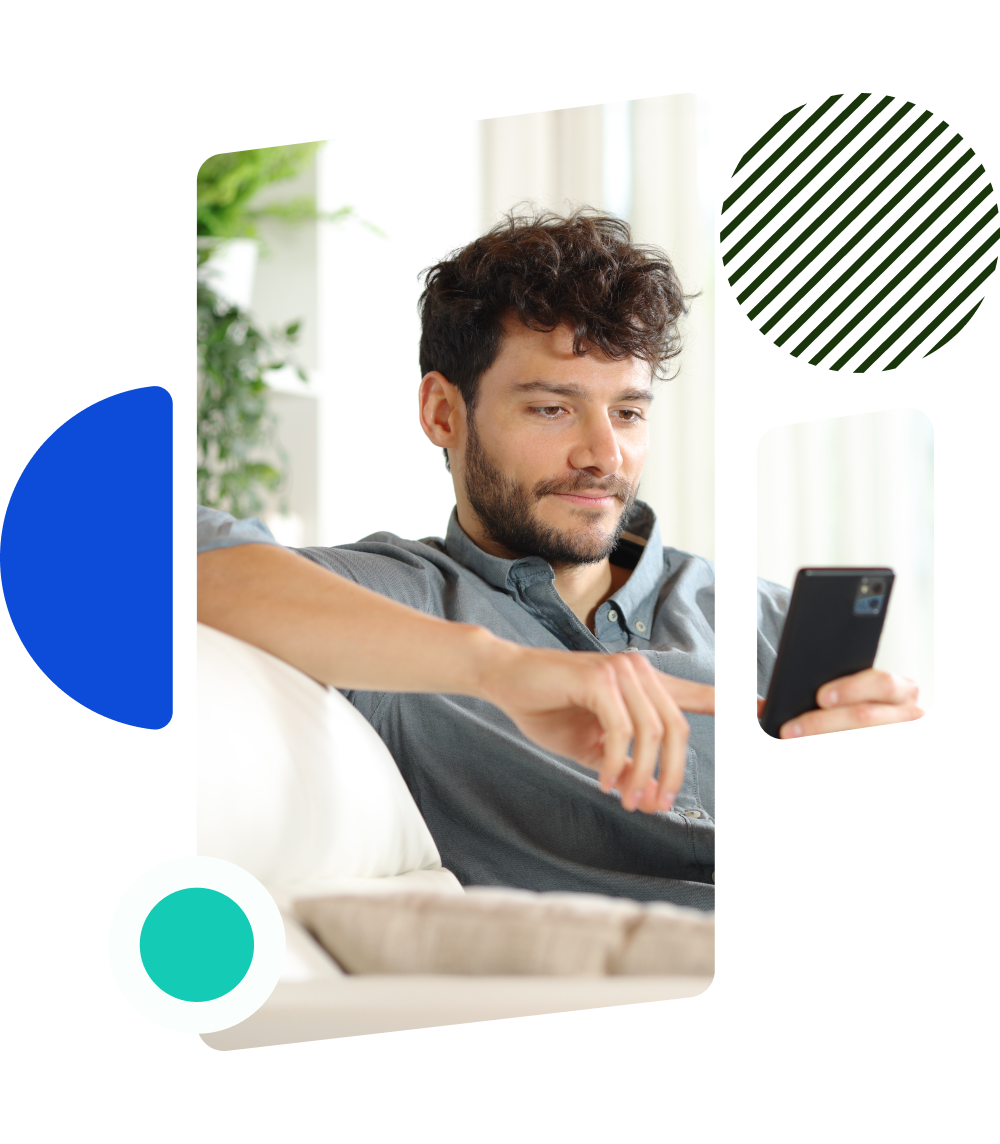 Man on a couch using an Android phone testing an app for mobile accessibility.