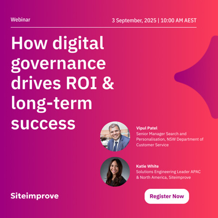 Webinar on digital governance ROI, Sept 3, 2025. Speakers: Vipul Patel and Katie White. Hosted by Siteimprove.