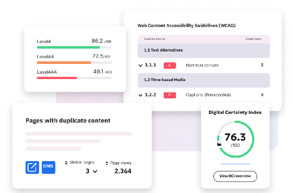 Siteimprove platform dashboard examples including Level A, AA, and AAA conformance progress, the WCAG guidelines with issues, duplicate content check and the Digital Certainty Index scoring