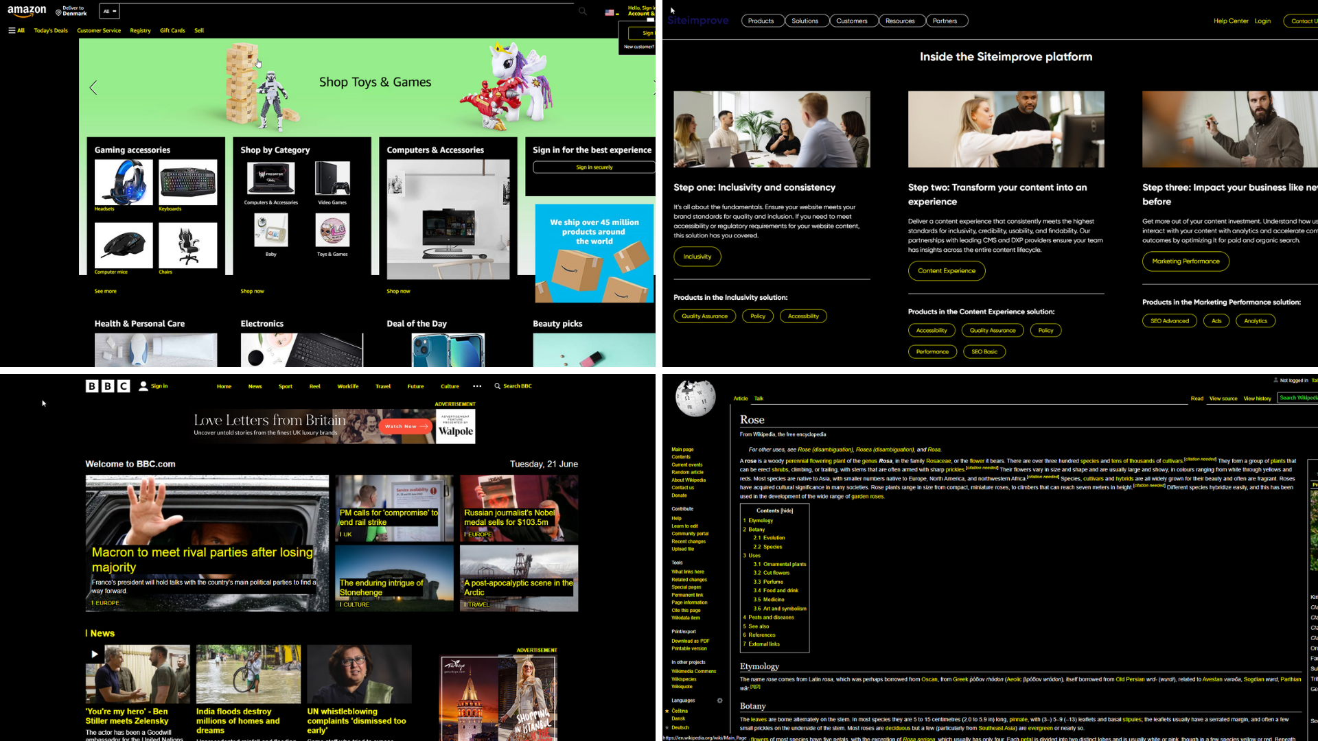 A series of four websites in high contrast mode: Amazon, the Siteimprove website, the BBC News, and Wikipedia. All websites have a black background, with high and right yellow text. 