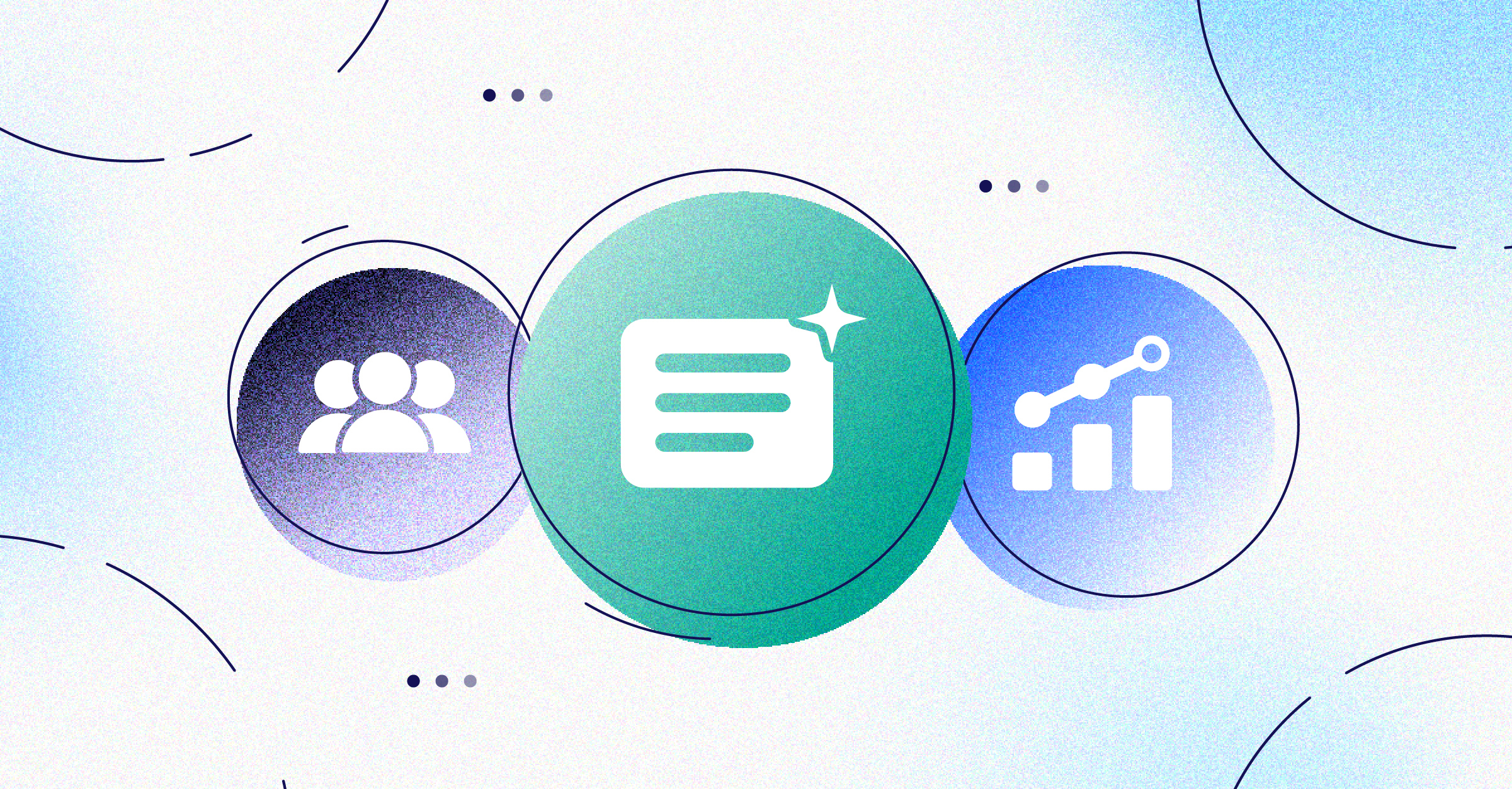 Circles with icons meant to represent a team of people, a webpage, and an ascending graph