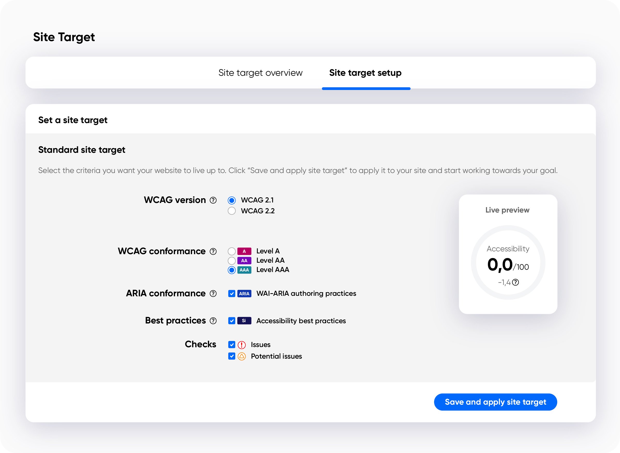 Screenshot of the Site Target Setup within the Siteimprove platform
