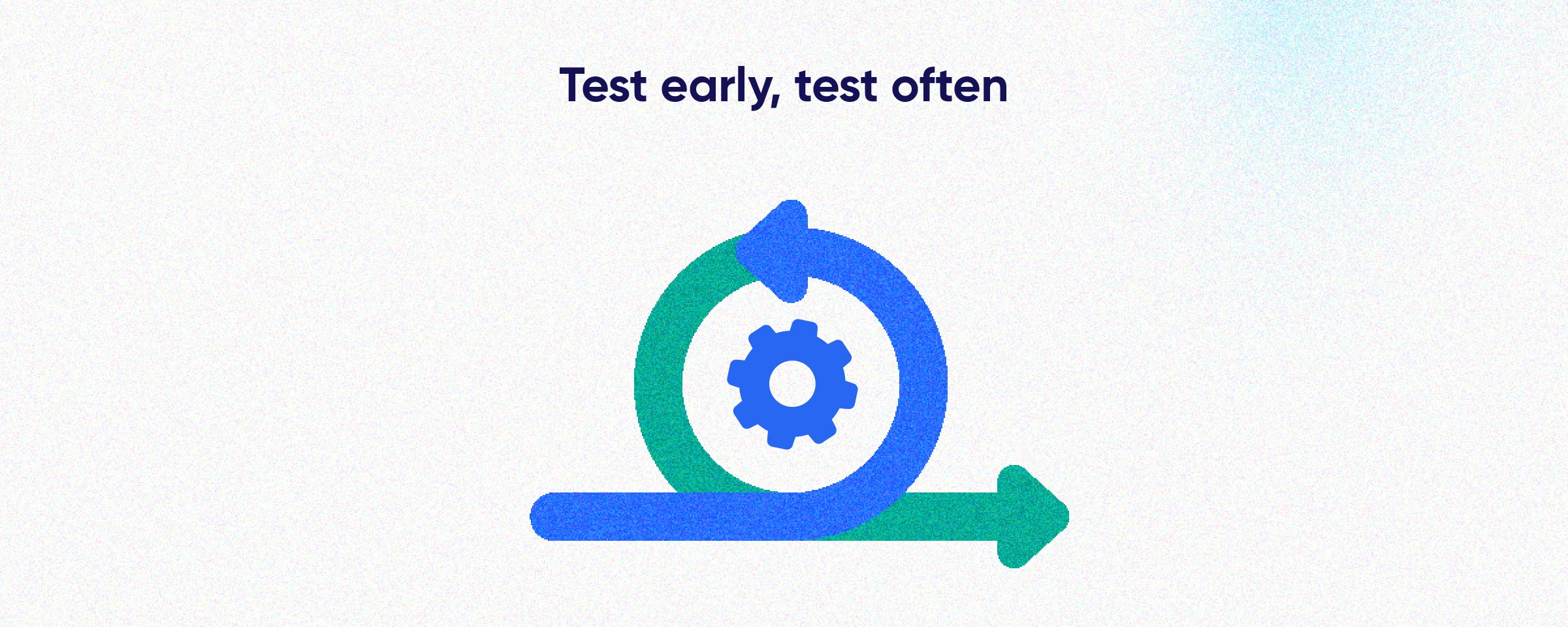 An arrow circles around a gear with text above it that reads: Test early, test often