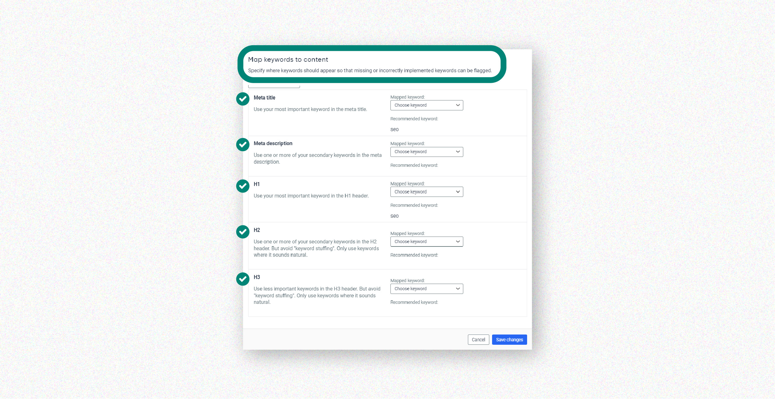 Screenshot from the Siteimprove SEO module showing how you can specify where keywords should appear so that missing or incorrectly implemented keywords will be flagged