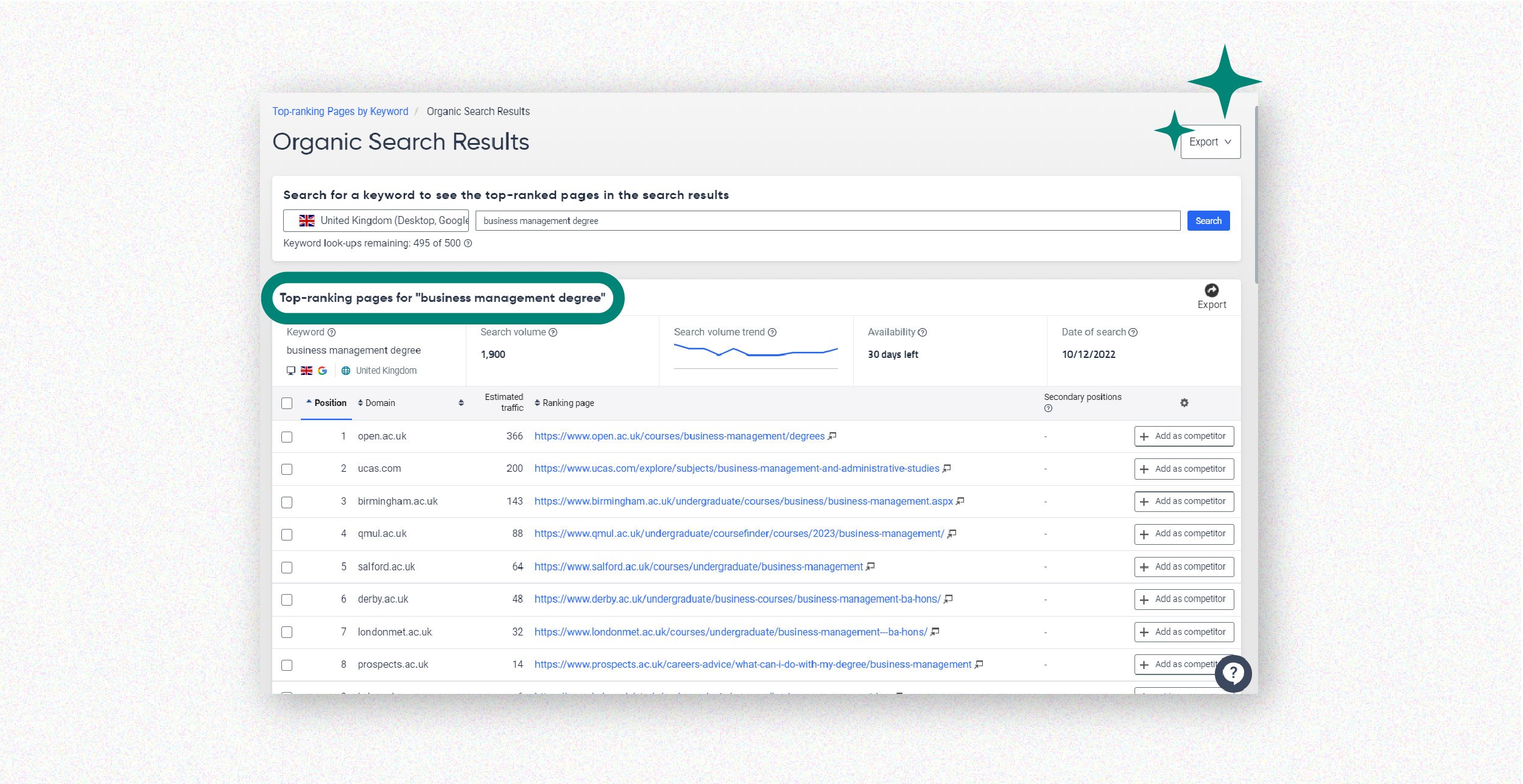 Screenshot of the Siteimprove SEO tool that shows how you can search for a keyword to see the top-ranked pages in organic search results