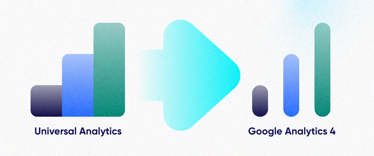 An arrow between Universal Analytics  and Google Analytics 4 to demonstrate the transition from one to the other.