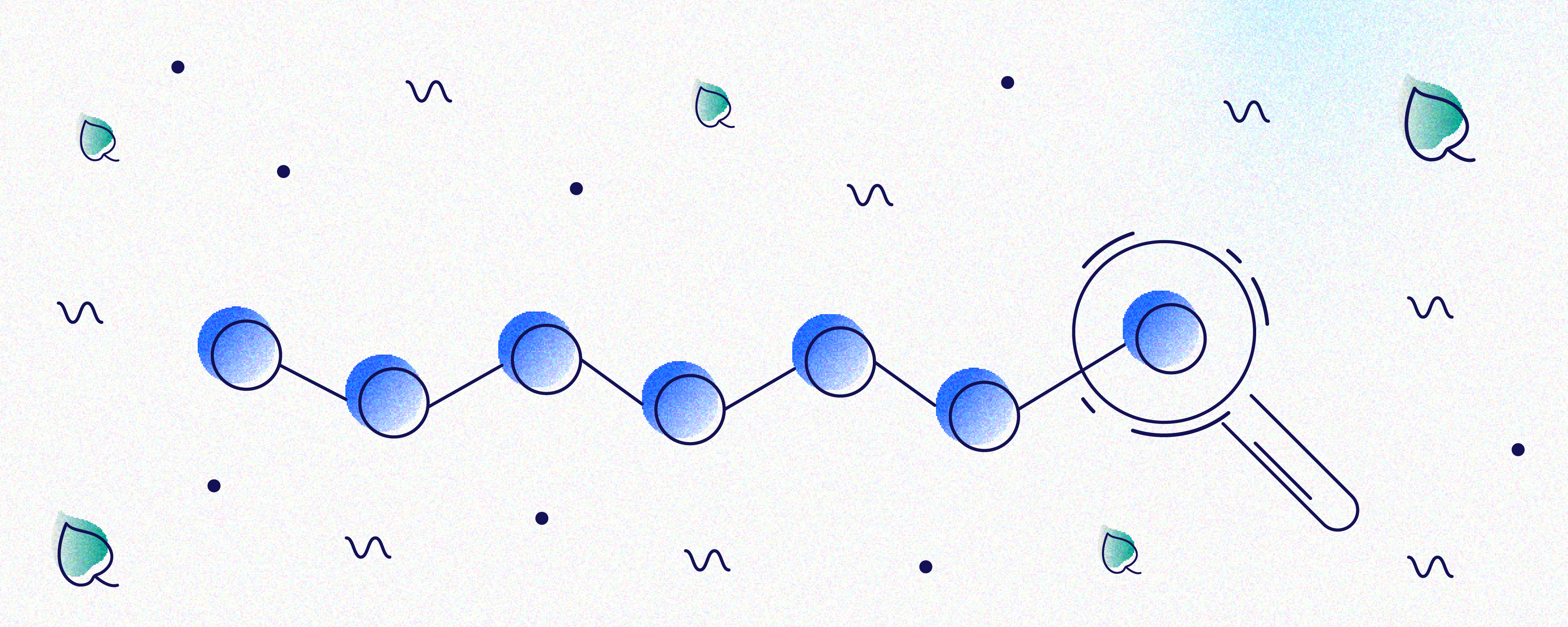 An illustration of a magnifying glass search icon connected to several blue circles connected by zig zag lines which demonstrates search queries