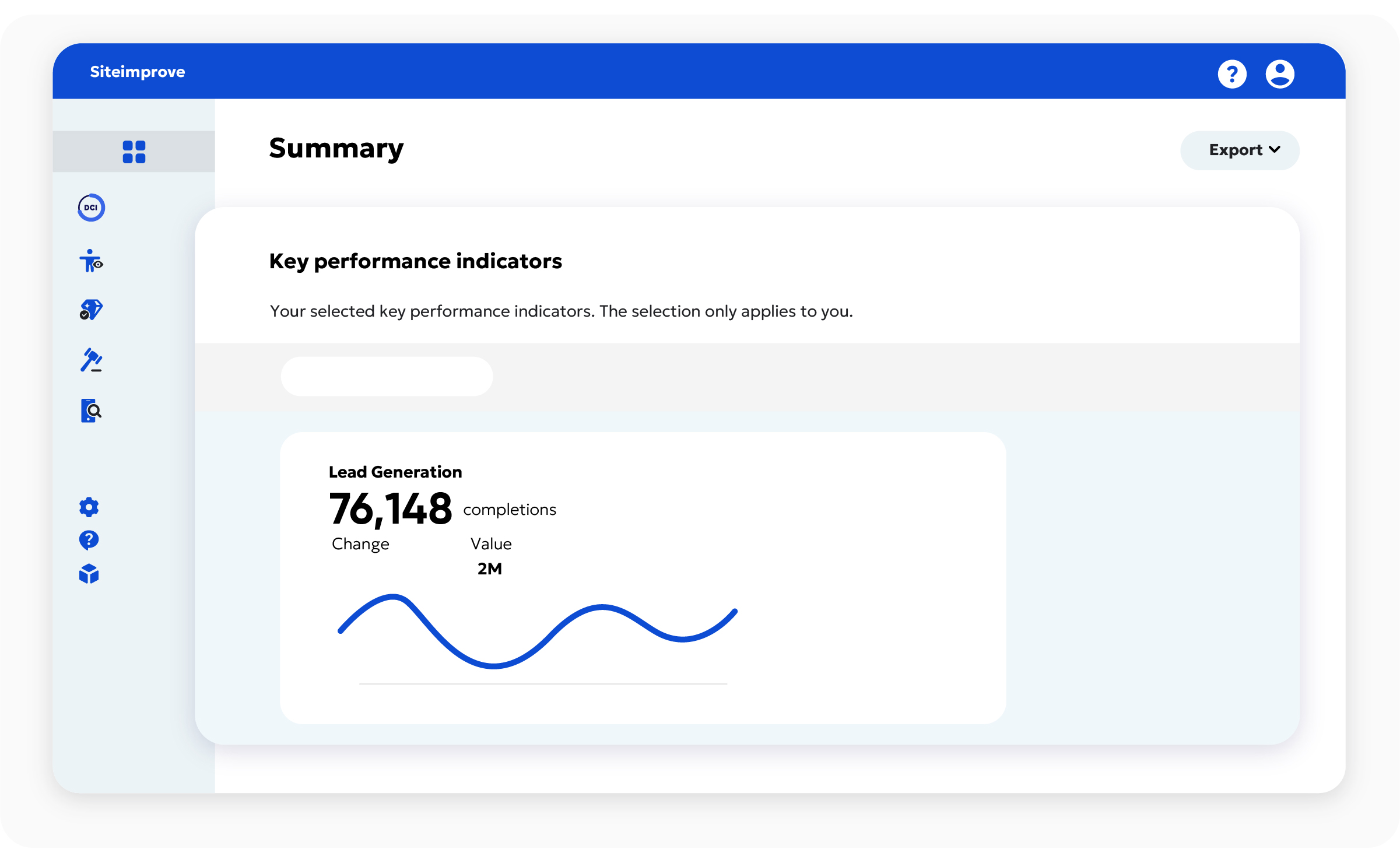 Graphic of the Key Performance Indicators view in Siteimprove Content Analytics which includes a graph of the number of completions over time