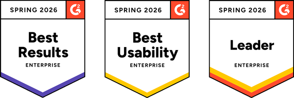 Award badges shaped like a shield with the 'Spring 2026' and the 'G2' logo at the top, and banners across the middle stating 'Best Results Enterprise', 'Best Usability Enterprise', and ''Leader Enterprise'.