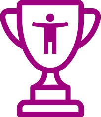 Plum colored icon of a trophy with a person inside it representing accessibility.