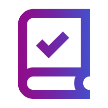 Gradient icon of a book with a checkmark in the middle.