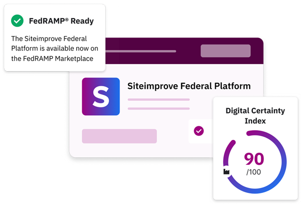 A checkmark next to FedRAMP® Ready, “Siteimprove Federal Platform is available now on the FedRAMP Marketplace”, a Siteimprove Federal Platform marketplace listing, and a Siteimprove dashboard showing an accessibility score of 90 out of 100.