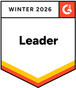 Award badge shaped like a shield with the 'Winter 2026' and the 'G2' logo at the top, and a banner across the middle stating 'Leader'.