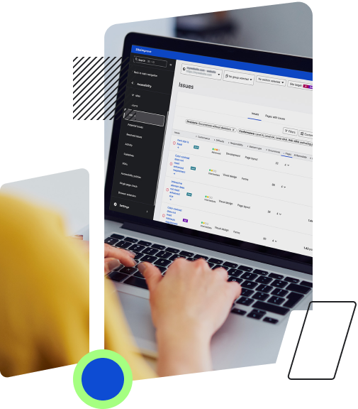 A person is working on a laptop displaying the Siteimprove platform, specifically viewing a list of accessibility issues to be remediated, with details such as issue types, status, and priority.