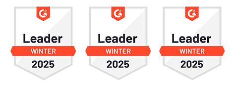Three award badges, each shaped like a shield with the "G2" logo at the top, and a red banner across the middle stating "Leader Winter 2025".