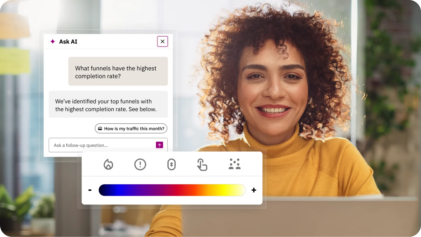 Professional using the Siteimprove AI platform to review funnel insights and accessibility visualization tools.