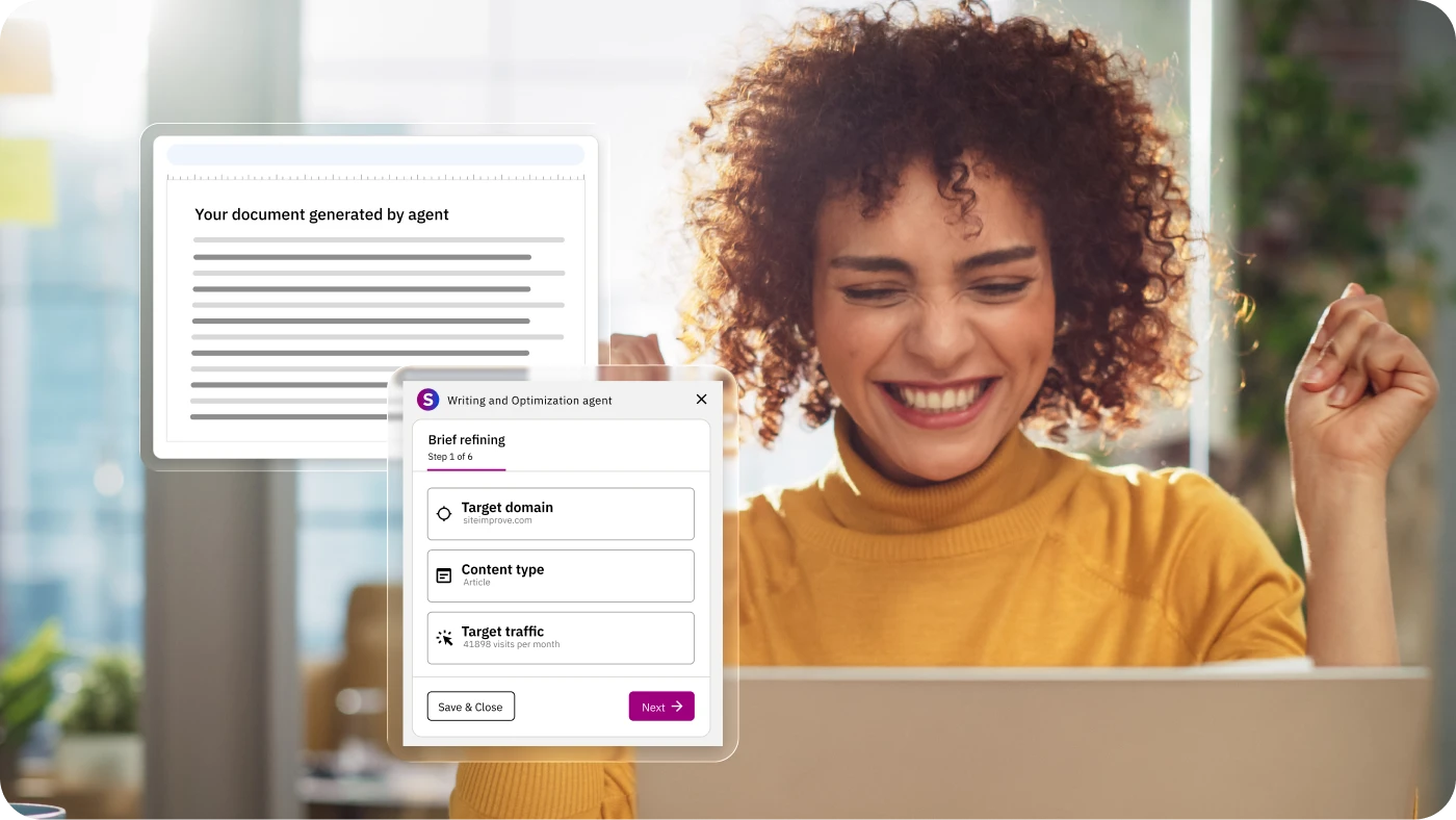 Professional using the Siteimprove AI platform to generate and refine a content strategy document.