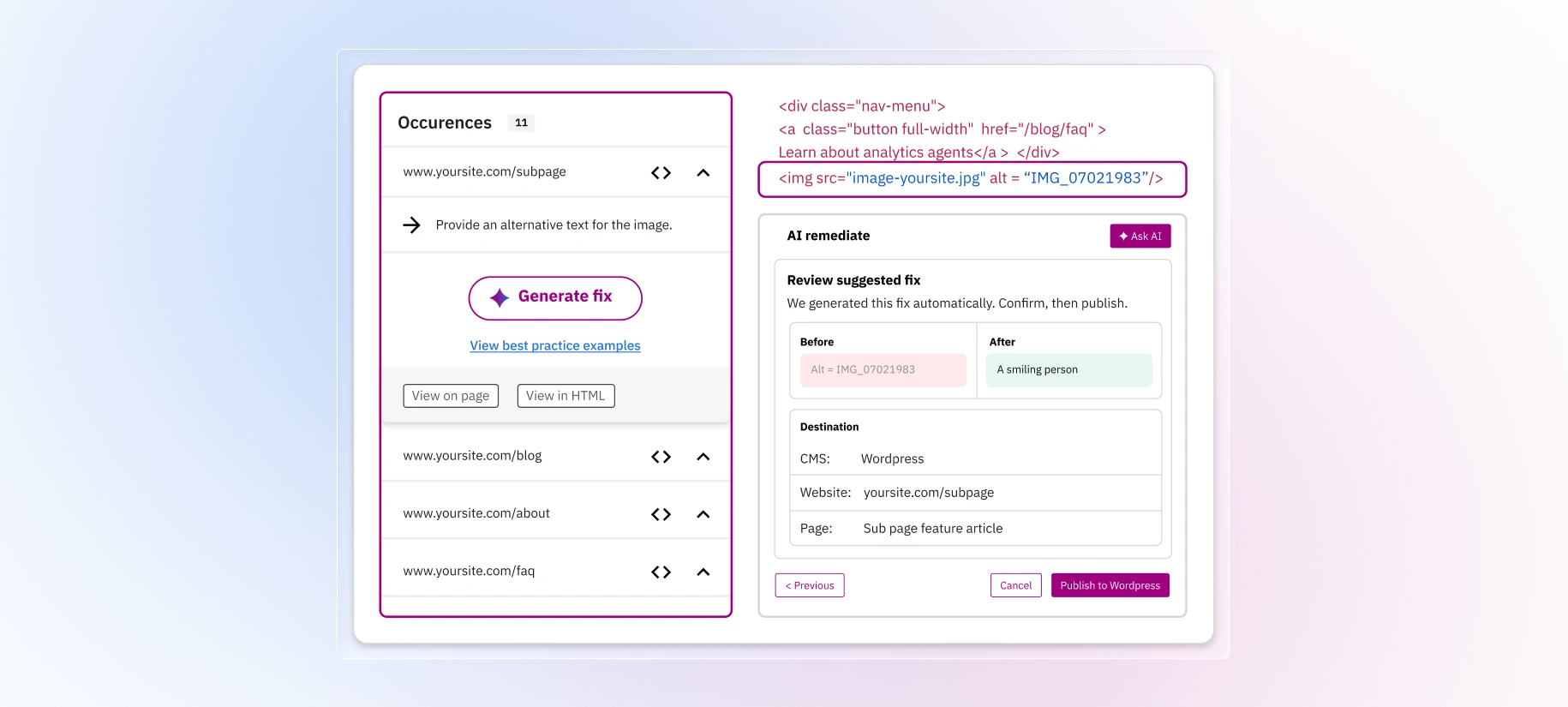Siteimprove CMS Remediation Agent showing AI-generated alt text suggestions for accessibility issues, with options to review and publish fixes directly to WordPress.
