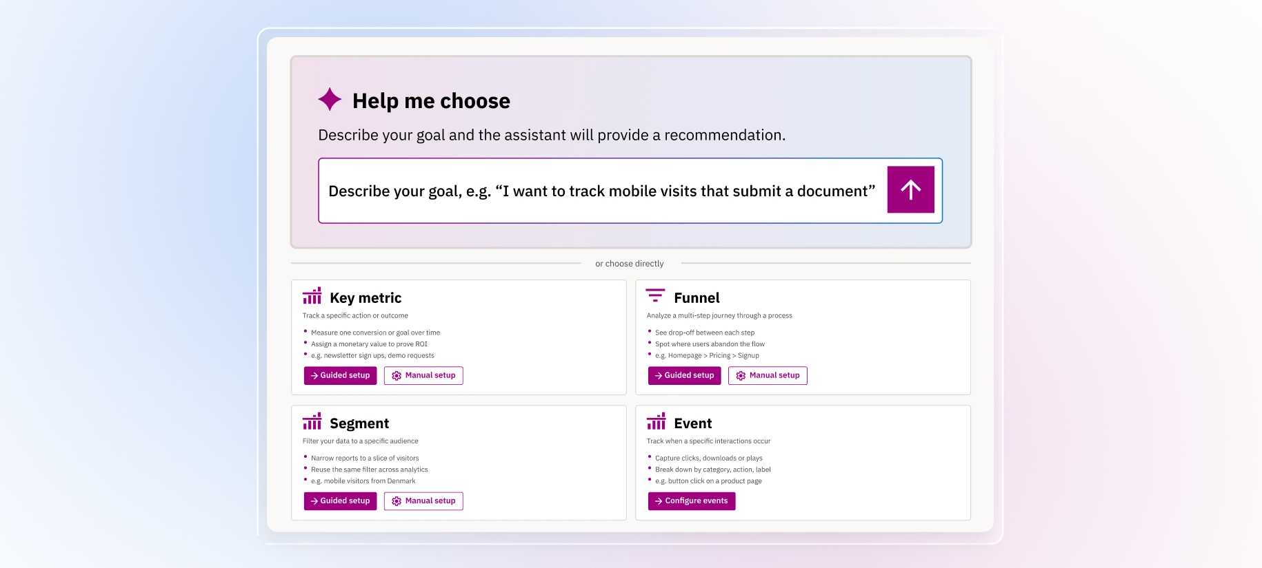Siteimprove Conversational Analytics interface showing an AI-powered assistant that helps users configure analytics tracking, including key metrics, funnels, segments, and events.