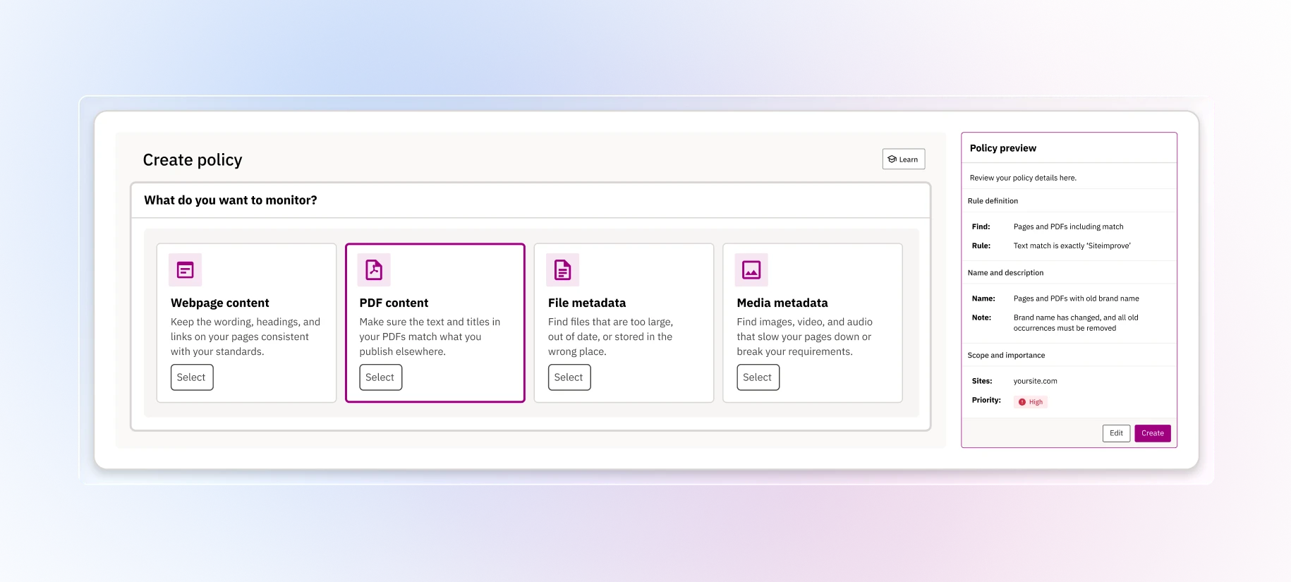 Siteimprove PDF Policies interface showing how to create and manage content compliance policies for PDFs, including monitoring rules and policy settings.