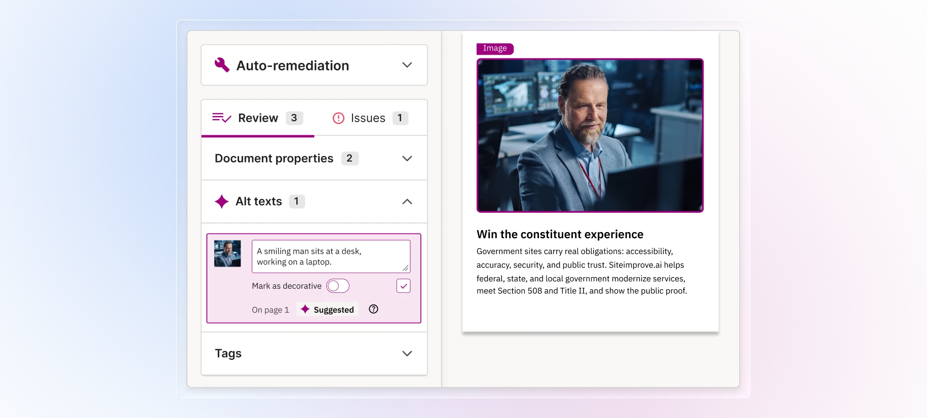 Siteimprove PDF Remediation interface showing AI-suggested alt text for an image, with options to review, edit, and mark the image as decorative to improve PDF accessibility.