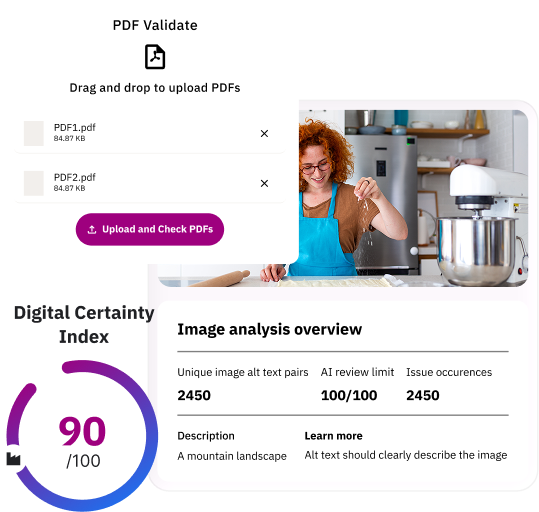 Siteimprove AI platform validating PDFs and analyzing image accessibility and digital certainty.