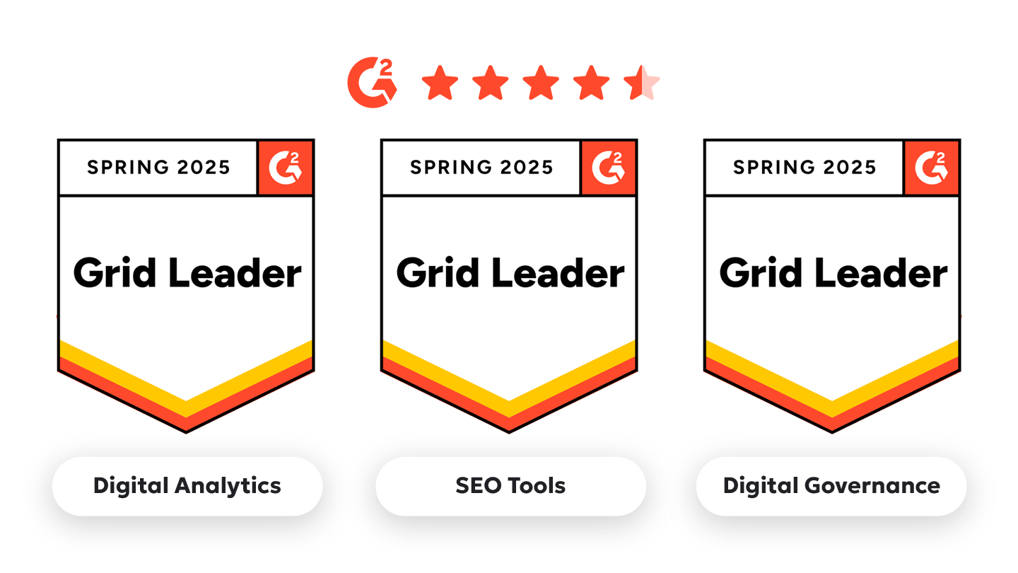 Three award badges, each shaped like a shield with 'Spring 2025' and the 'G2' logo at the top, and a banner across the middle stating 'Grid Leader'. The badges are labeled as follows: 'Digital Analytics', 'SEO Tools', and 'Digital Governance'.